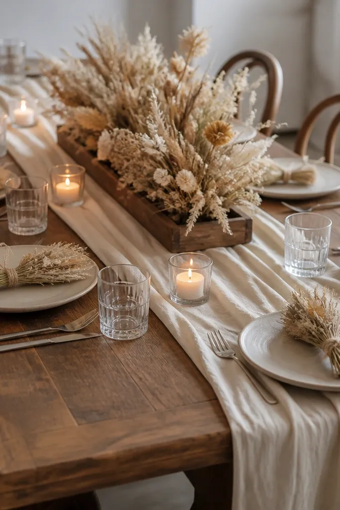 A cream runner with caramel ribbon tied around small bundles of dried florals. Each place has a small bundle tied with twine and a tiny candle, while the center has layered dried stems in a low wooden tray.