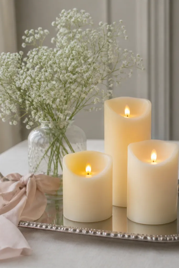 A silver serving tray with three battery candles. Faux baby's breath stems in a small vase sit behind the candles, and a blush ribbon wraps the tray handle.