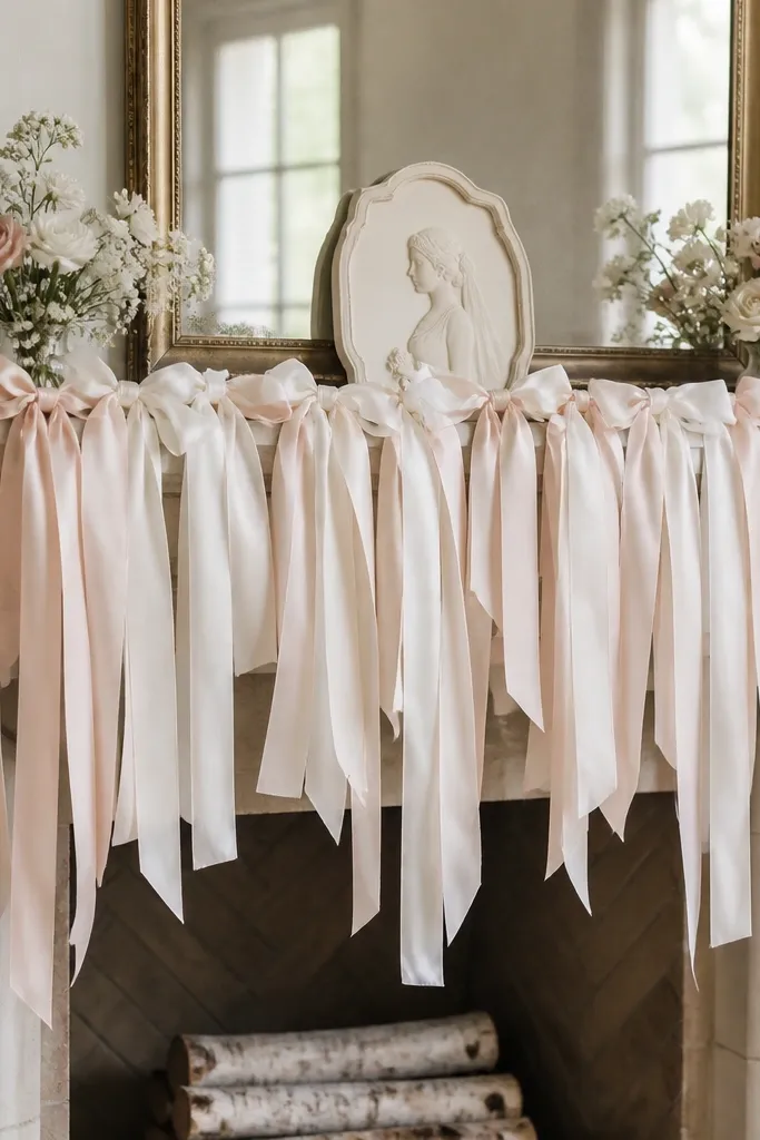 A mantel decorated with long strips of white and blush fabric ribbon tied in loops. The ribbons drape down in several lengths, and a small "Bride to be" plaque sits in the center.
