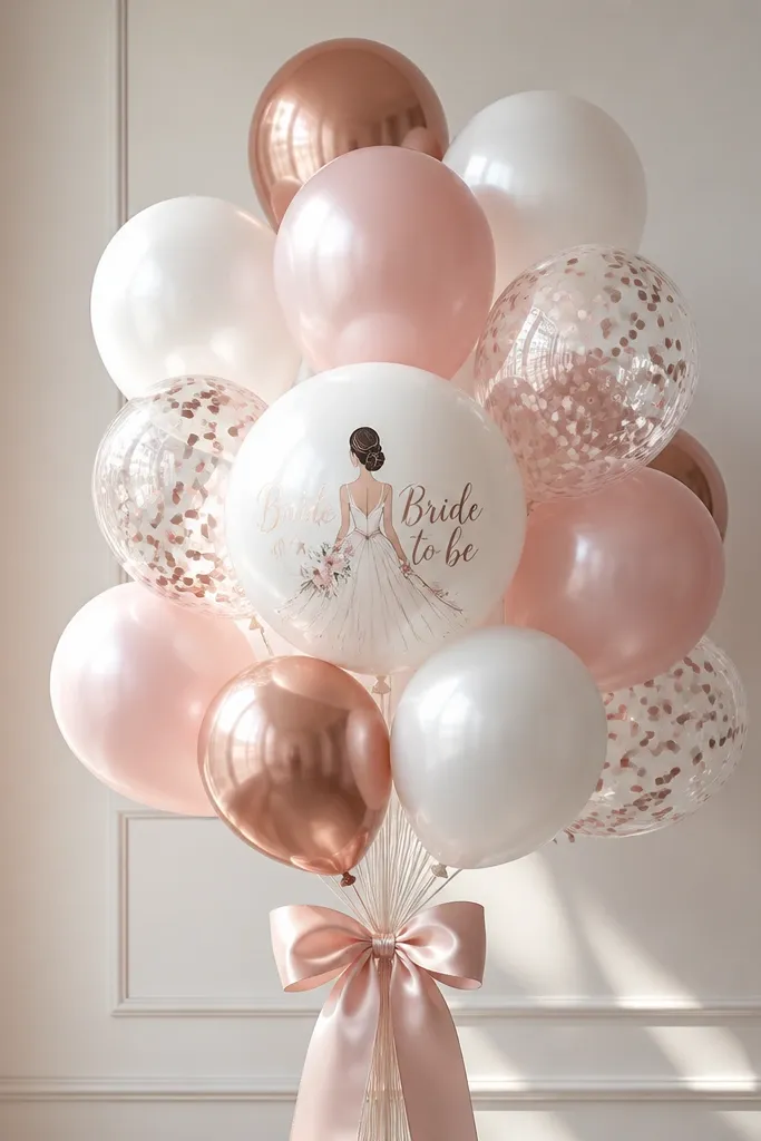 A bouquet of balloons tied together, with a "Bride to be" printed balloon in the center. The string is wrapped in a wide blush ribbon with a big bow at the bottom.