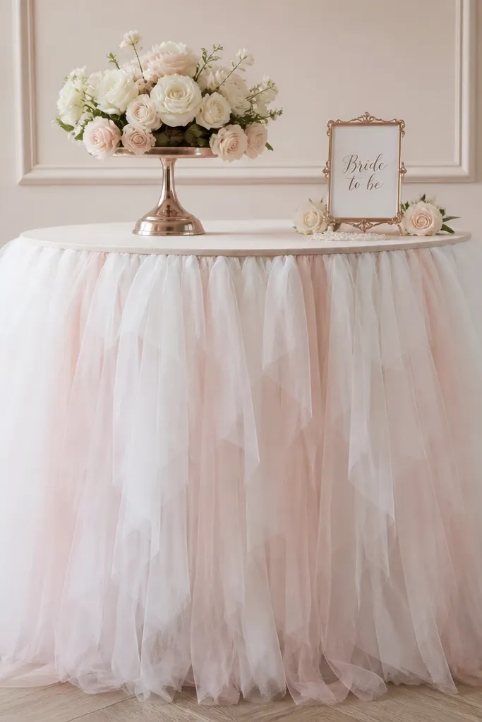 A cake stand or table base covered with a layered tulle skirt in white and blush. The tulle is gathered and falls in soft layers, with a small "Bride to be" sign on the cake table.