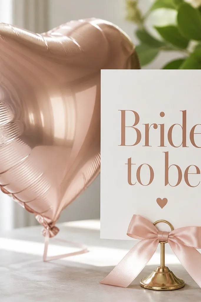 A heart-shaped balloon sits next to a cardstock message card on a small stand. The card says "Bride to be" in large letters, with a blush ribbon tied around the stand.