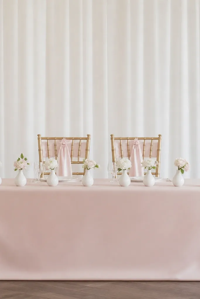 A sweetheart table covered in a blush satin-like runner that wraps cleanly at the front edge. Behind it, the two head chairs have vertical blush satin ribbons tied to the backs. Small white bud vases sit in a straight line along the table, and the backdrop is a simple white fabric panel.