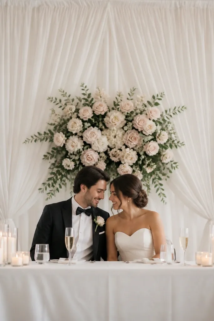 A white sheer fabric wall behind the sweetheart table, pulled taut and gathered at the top. Centered behind the couple is one large floral cluster in blush and cream with greenery. The table has a simple white cloth and a few candles, with no dense floral coverage.