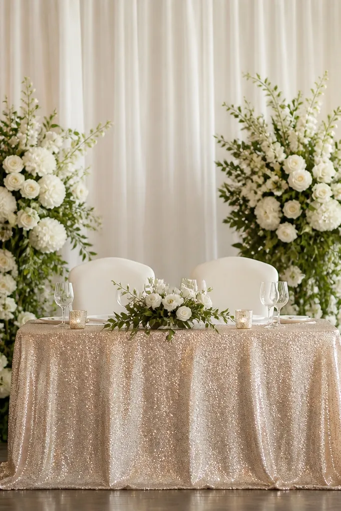A champagne sequin tablecloth covers the sweetheart table with a soft sparkle. Behind it, matte white florals with greenery sit in clusters, not spread out. The chairs are dressed in simple ivory covers.
