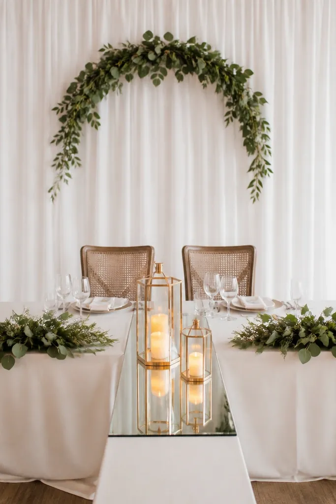 A reflective mirror strip runs down the center of the sweetheart table. On it sit three glass lanterns with warm LED candles. The backdrop is a simple white drape with a small greenery arc above the head chairs.