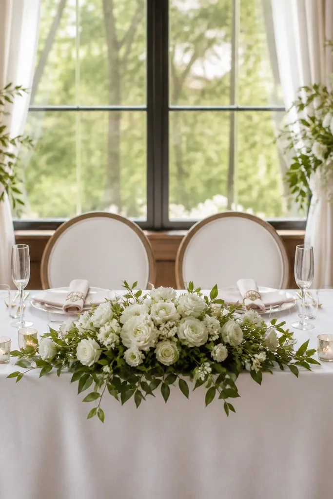 The sweetheart table has a white cloth and a neat centerpiece of greenery and white flowers. Napkins are folded with visible monogrammed rings in blush and gold. Table number cards in the same style sit on small gold stands near the corners.