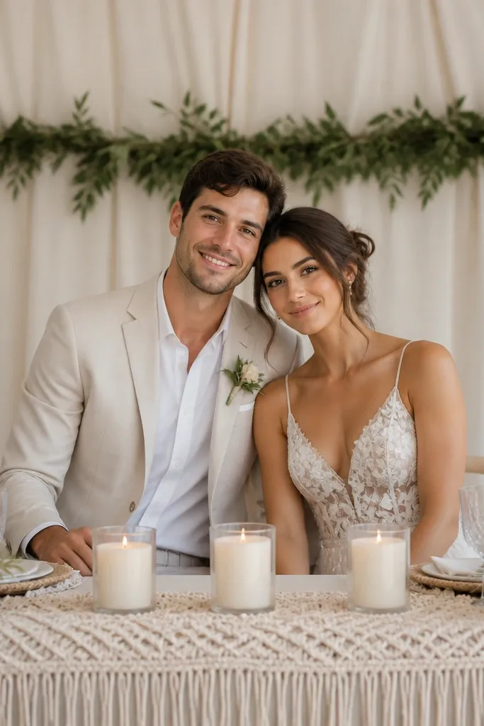 A macramé runner stretches across the sweetheart table in natural beige. On it sit three pillar candles in cream glass holders. Behind the couple is a neutral fabric backdrop with a small greenery line.