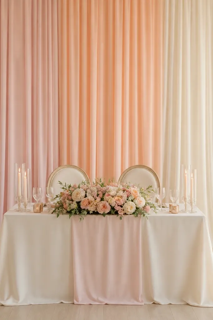 Behind the sweetheart table, three fabric panels create a soft ombre gradient from blush to peach to cream. The panels fall in smooth vertical lines. The table is covered in ivory linen with a matching blush runner at the center.