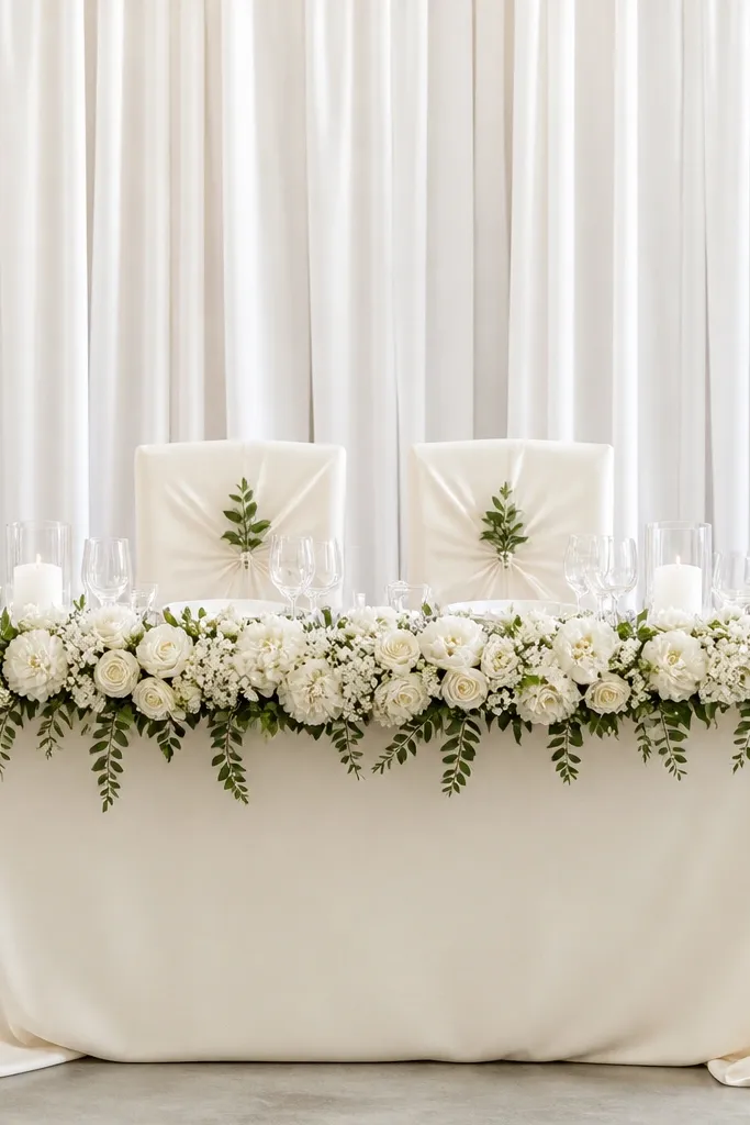 A white floral garland is placed along the table front edge, draping slightly downward. The sweetheart table has a clean ivory cloth and the backdrop is a simple white curtain. The head chairs are dressed in ivory covers with small greenery accents.
