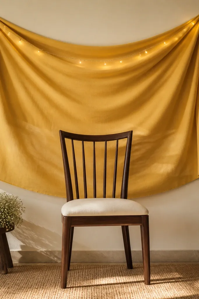 A dining chair placed in front of a wall covered with a mango-yellow bedsheet drape. The fabric is pinned at the top corners, with soft folds hanging down to mid-back height. A small cluster of white flowers sits on a low stool to the left, and warm yellow LED string lights wrap lightly around the top fold.