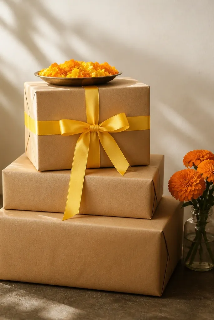 Three stacked cardboard boxes on the floor, wrapped in kraft paper. The top box has a neat yellow satin ribbon tied in a bow across the front. A small tray of marigold petals sits on the top box, with a few fresh marigolds in a jar on the side.