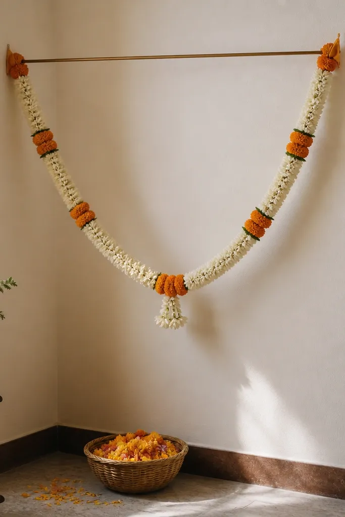 A corner of a room with a thin curtain rod mounted between two walls. A garland made of white flowers and marigolds hangs in a gentle arc. The garland ends are tucked into small fabric loops, and the bottom has a small basket filled with petals.