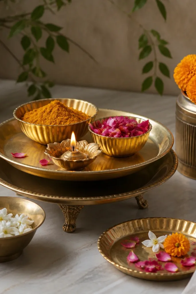 A styled tray setup with two brass plates stacked on a small stand. On top are bowls of haldi powder, rose petals, and a small diya. Around it are three heights: a low bowl, a medium brass plate, and a taller jar with marigolds.