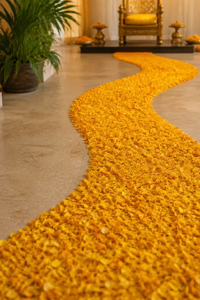 A hallway or floor area marked with a clean masking tape outline of a curved path. The inside is filled with marigold petals leading toward the haldi chair. The tape is removed after placement, leaving a neat petal trail.