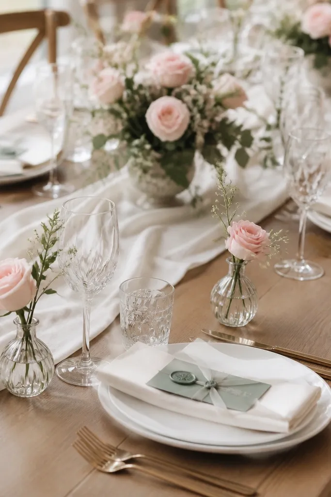 A cream runner across the table with sage green place cards and blush flower accents. Each setting has a white plate, cream napkin, and a small blush bud in a mini bud vase. Sage wax seals or sage ribbon tie the place cards.