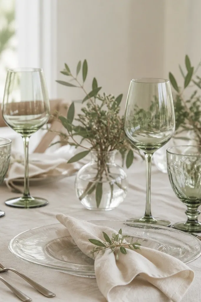 Clear dinner plates with cream napkins. The standout is sage green-tinted wine glasses and water goblets. The table has a light neutral cloth and simple sage sprigs in small vases.