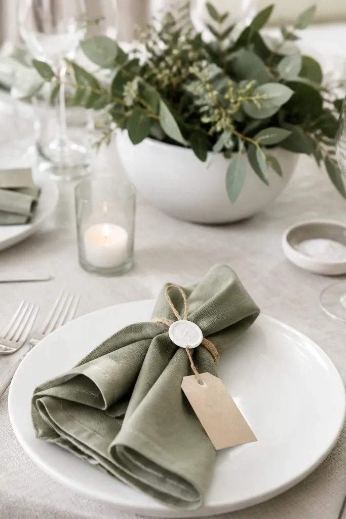 Sage napkins are folded and tied with twine tags. White wax seals sit on the twine near each tag. Plates are white, glassware is clear, and the centerpiece is a small greenery arrangement in a white ceramic bowl.