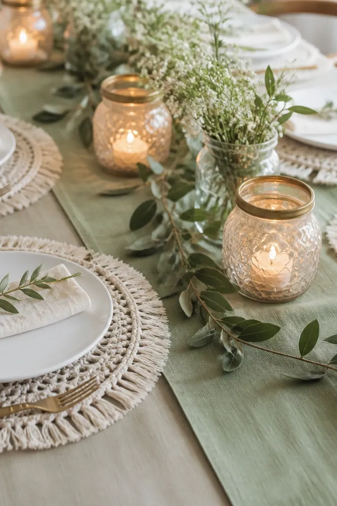 A sage runner with ivory macrame-style table overlays or doilies placed under plates. Each setting has a white plate, cream napkin, and small greenery sprig. Candles are in glass holders with gold lids.
