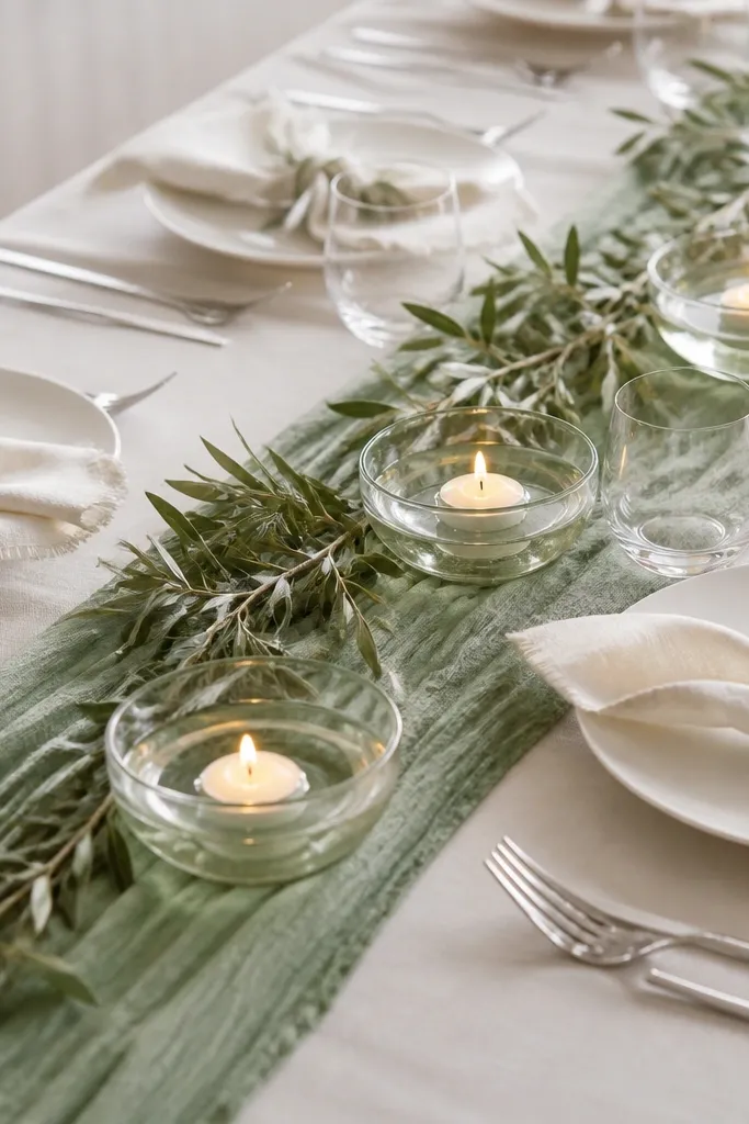 A sage runner on a table with off-white skirt fabric. Each setting has off-white napkins, white plates, and clear glasses. Along the center are low floating candles in shallow clear bowls with sage-green water tint.