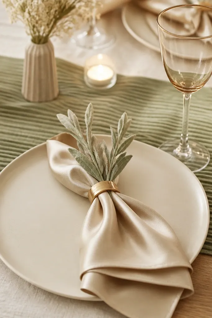 A wedding table styled with a sage green ribbed runner and a champagne satin napkin. The place setting has a cream charger, a clear glass with a thin champagne tint, and a small sprig of dried sage tucked into a matte brass ring. Soft candlelight reflects off the ribbed texture and the napkin's sheen, with pale wood and ivory linens in the background.