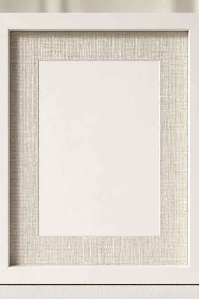 A matte white 8x10 frame with a thick off-white linen backing. The invitation sits perfectly centered with a 1/2-inch linen border around it. Soft natural light makes the linen weave visible; no florals, just clean typography.