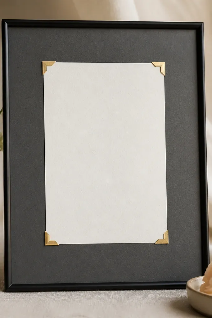 A slim black metal frame around a 5x7 invitation. The mat is charcoal grey. Gold foil corner stickers sit at each invitation corner, like tiny gilded brackets.