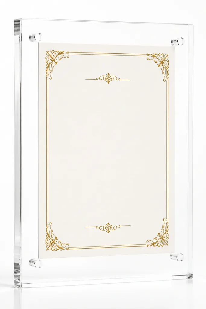 A clear acrylic frame standing upright. The invitation appears to float because it's held by tiny clear corner mounts. The background is plain white, making the text and border pop.