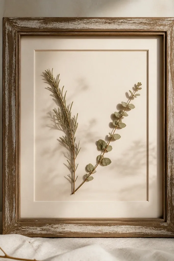 A distressed wooden frame with a warm cream mat. Two pressed herb sprigs (like rosemary or eucalyptus) sit diagonally behind the invitation, with fine shadows visible through a glass front.