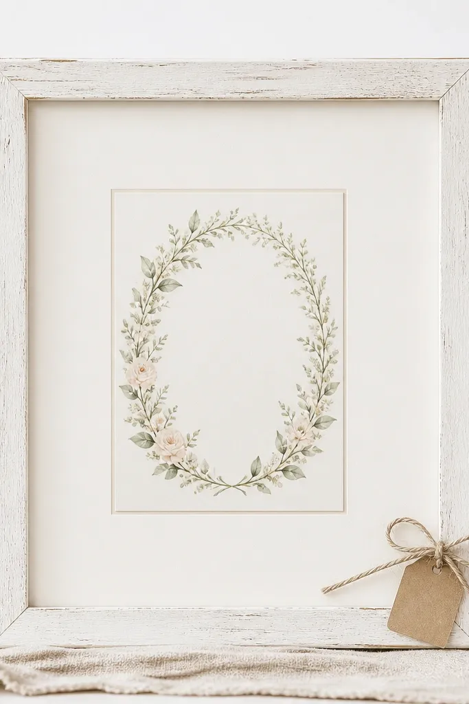 A whitewashed wood frame with a cream mat. A small twine bow sits at the bottom corner, and a tiny kraft label tag reads the couple's names. The invitation is centered with lots of breathing room.