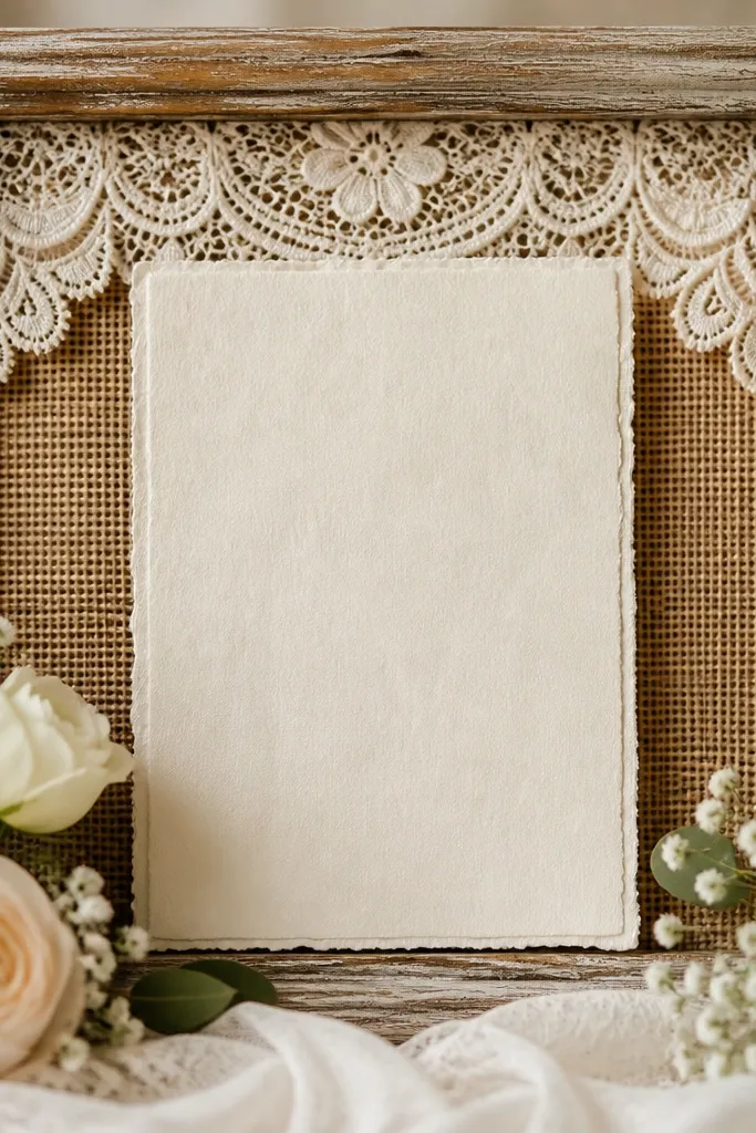 A rustic frame with burlap backing. Ivory lace trim lines the top edge behind the invitation. The invitation sits slightly forward, with a soft layered look and visible fabric texture.