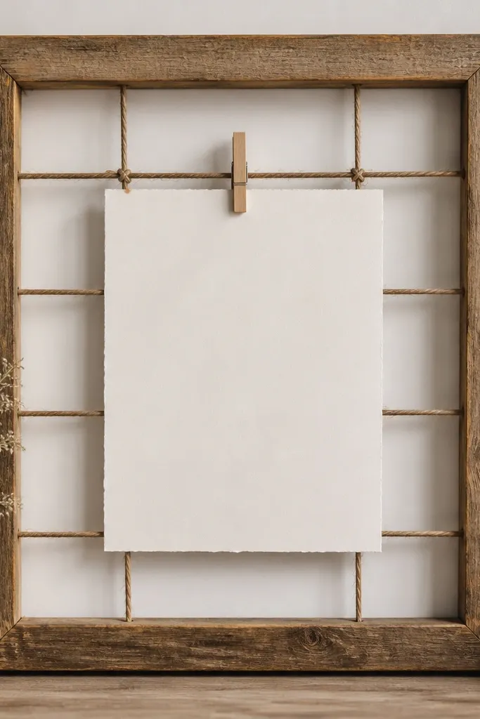 A rustic wood frame. Behind the invitation, a twine grid forms a simple square pattern. The invitation sits centered over the grid with a small border, and the twine lines are visible around it.