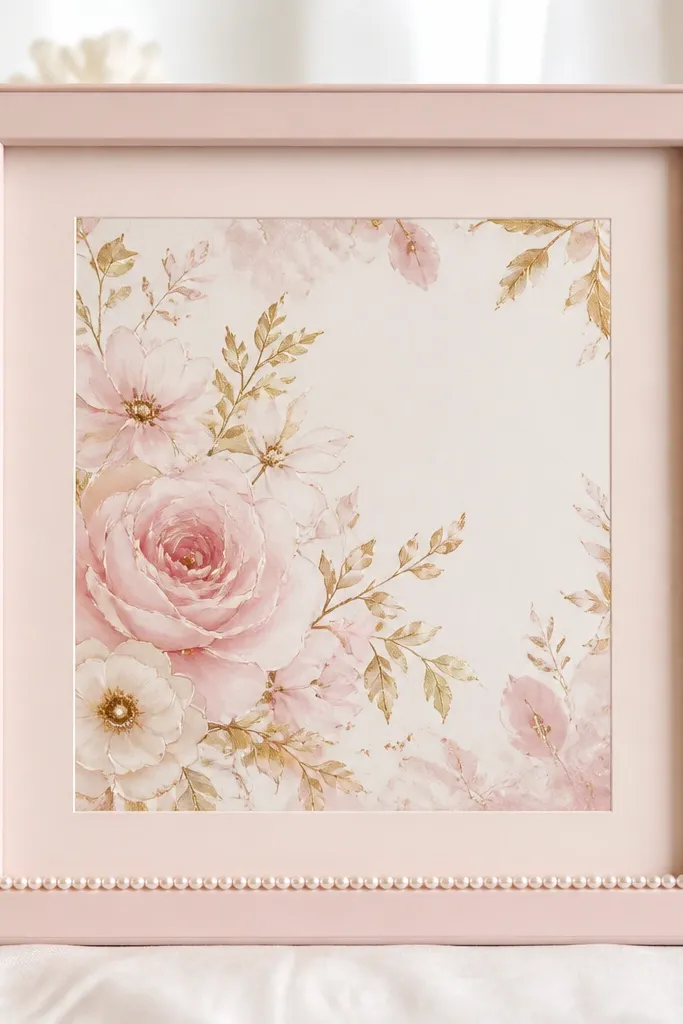 A whisper pink frame with a pale pink mat. A thin pearl bead trim runs along the bottom edge of the invitation window. The invitation is centered with soft blush tones and gold ink accents.