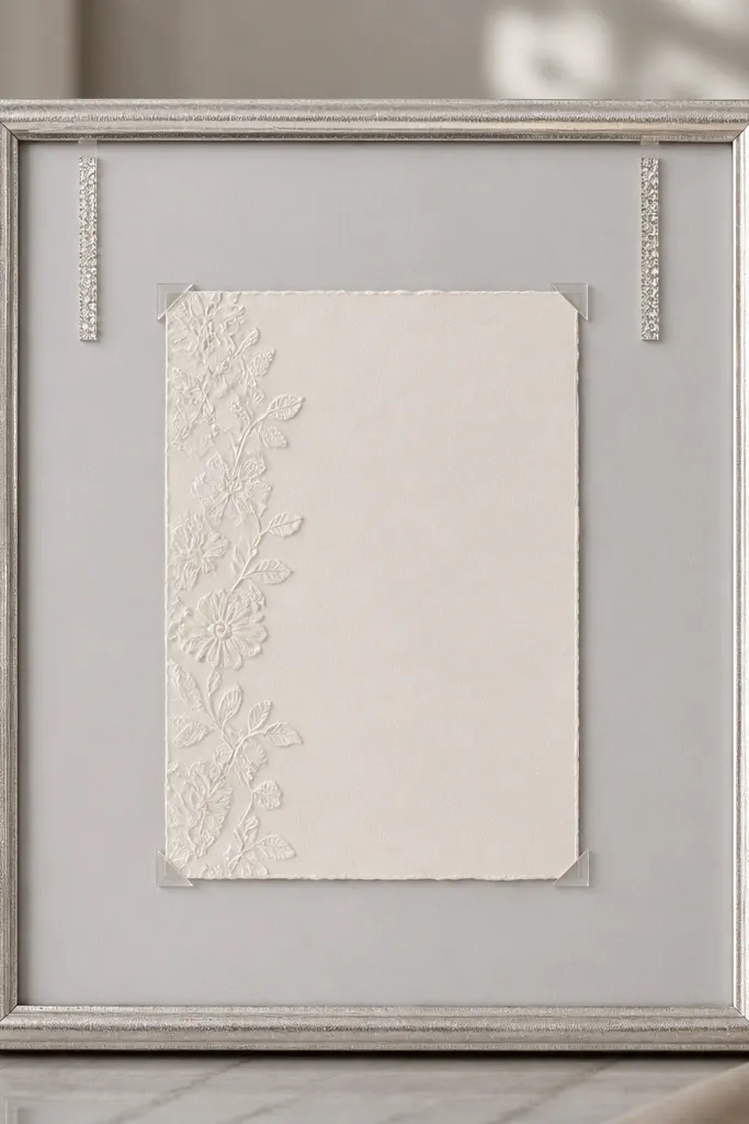 A silver frame with a light grey mat. Narrow faux crystal strips sit at the top corners of the invitation window. The invitation is mounted with clear tape corners so it looks suspended.