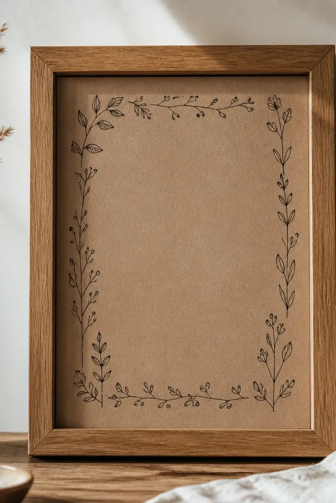 A simple wooden frame with kraft paper backing. Black ink doodles create a thin border around the invitation. The invitation is centered, and the kraft texture shows through under the glass.