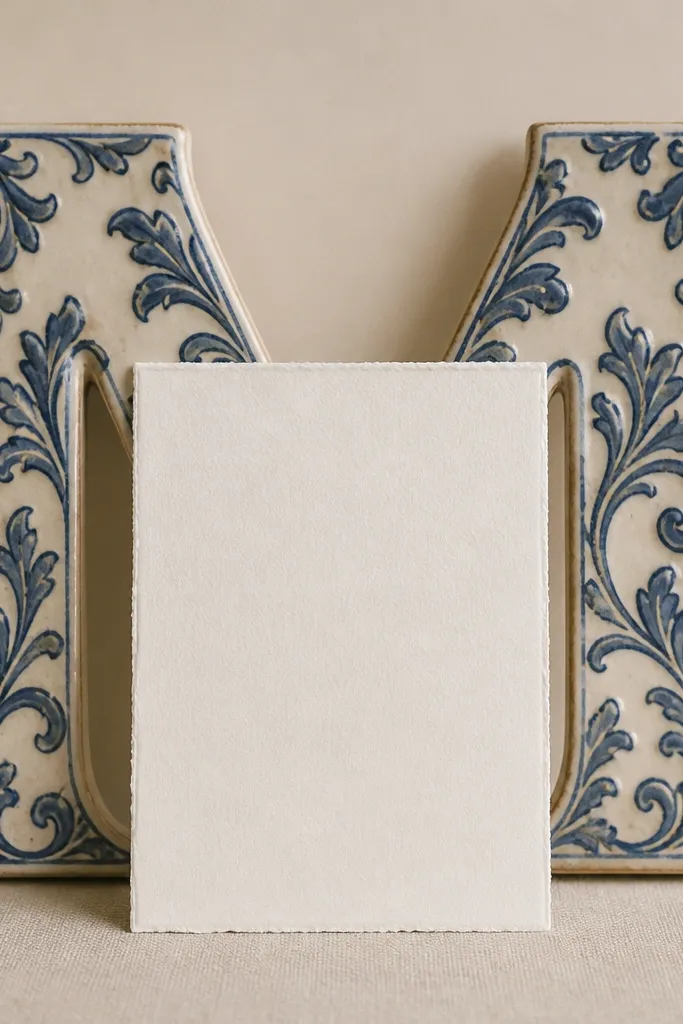 A frame with a large decorative monogram letter made from ceramic or tile material behind the invitation. The invitation sits centered in front of the letter, with a clean border and a neutral background.