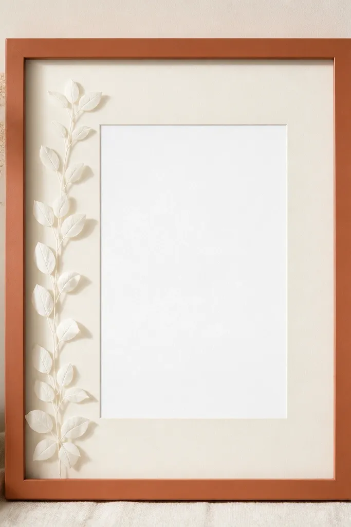 A terracotta clay-colored frame with a cream mat. A strip of pressed white-toned leaves (or faux white leaves) runs along the left edge. The invitation is centered and bright against the warm frame.