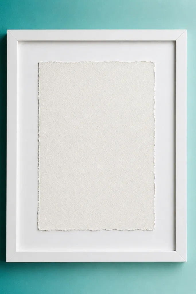 A simple white frame with an ombre backing that shifts from deep teal to light aqua. The invitation sits centered with a clean white mat border. No extra decor besides the ombre background.