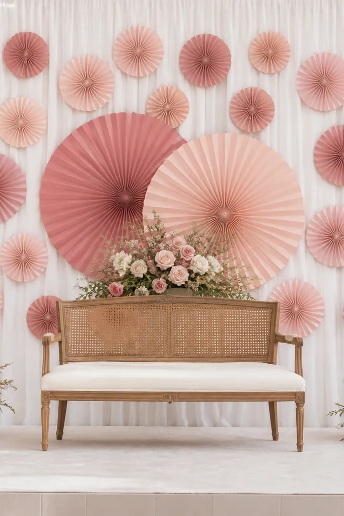 A wedding stage with a full backdrop made of layered crepe paper fans in blush pink and dusty rose, spaced evenly across a white fabric backdrop; the center has two larger fans behind a small floral arrangement and a simple wooden loveseat.