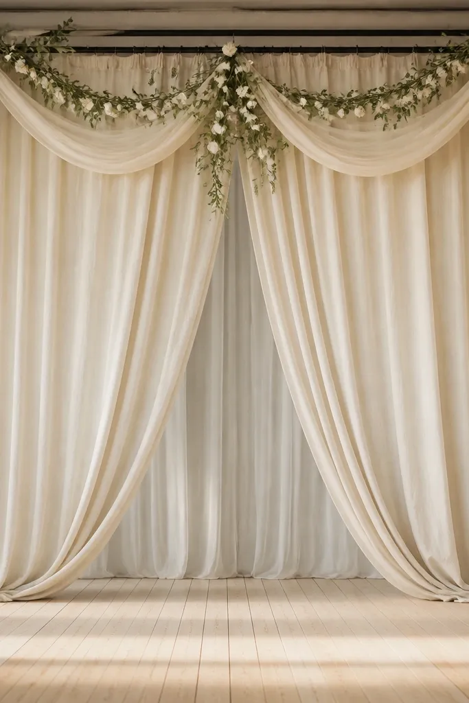 A stage with floor-length ivory linen curtains pulled slightly open in the center; two draped garlands hang like clouds from the top rail, with soft faux greenery and small white fabric blooms.