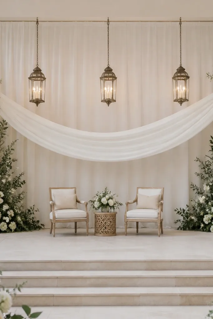 A stage with a long white fabric swag runner draped across the center; three hanging lanterns spaced evenly above the couple area, with small candle lights inside.
