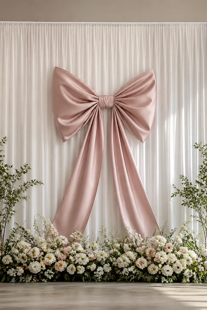 A wide wall of white fabric panels with a huge center bow made from satin ribbon in blush pink; the bow is mounted above a low floral arrangement and flanked by two small greenery stems.