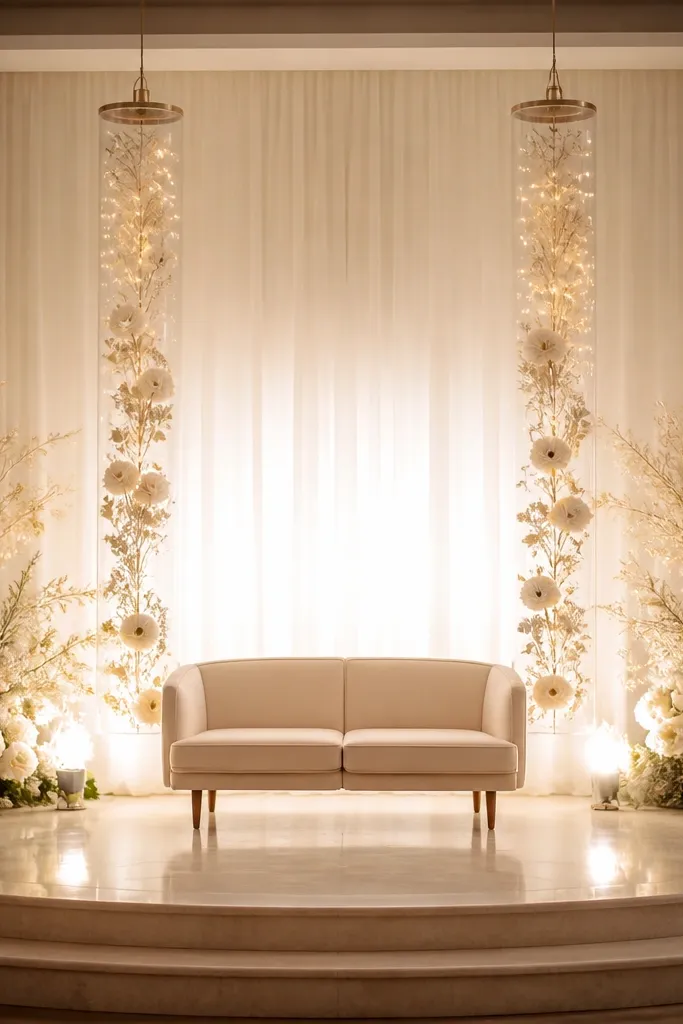 A stage with two clear plastic tubes hanging from above, filled with fairy lights and pale dried flowers; the couple area is lit softly from behind.