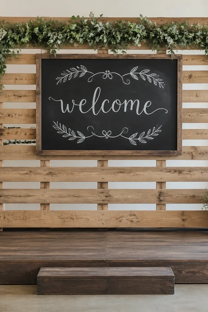 A stage backdrop made from a small pallet wall in light brown; a hand-lettered chalk welcome sign is centered, with a small greenery garland along the top.