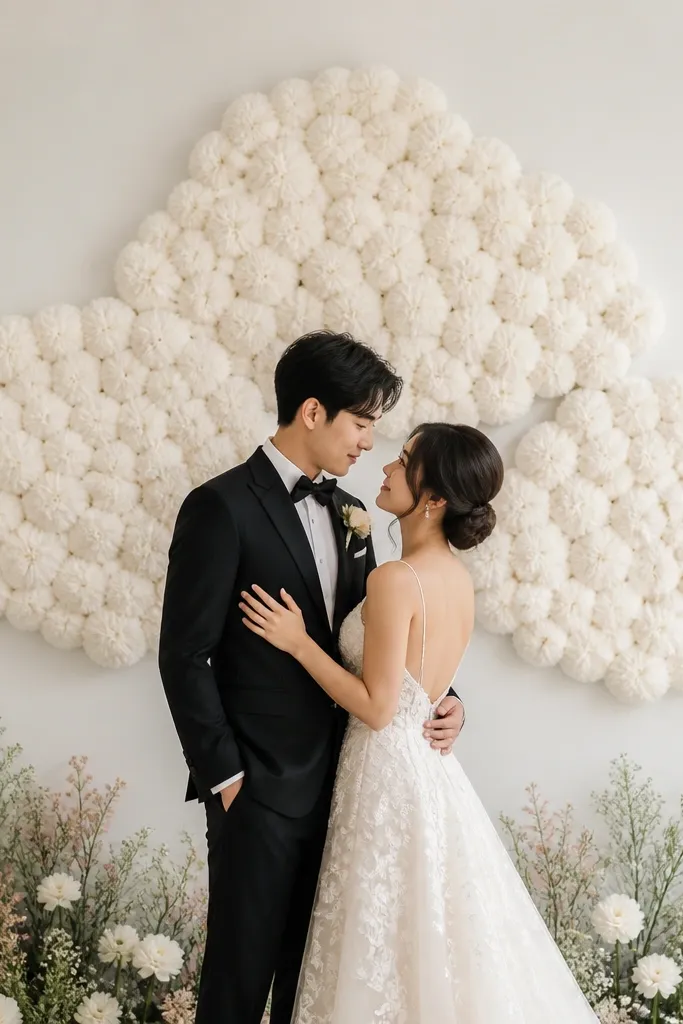 A back wall covered in soft white yarn pom pom clouds in clusters; the pom poms are arranged like three overlapping clouds behind the couple, with a simple floral arrangement at the bottom.