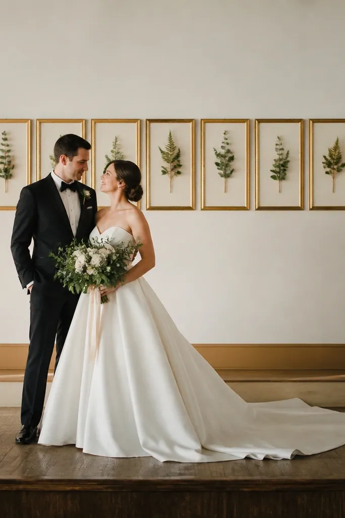 A stage with a long row of gold picture frames laid on the back wall, each holding a simple faux leaf spray; the frames form a neat horizontal line behind the couple.