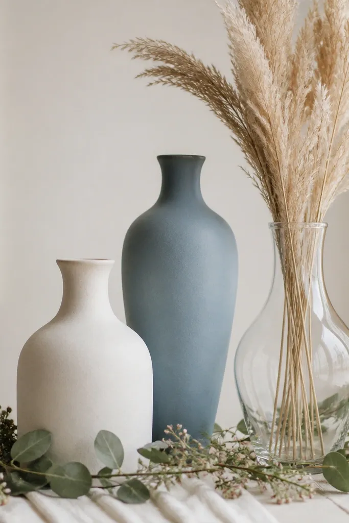 Three thrifted vases in different heights arranged on the stage: one matte white, one dusty blue, one clear with dried pampas; they sit on a cream runner with greenery and small blooms.