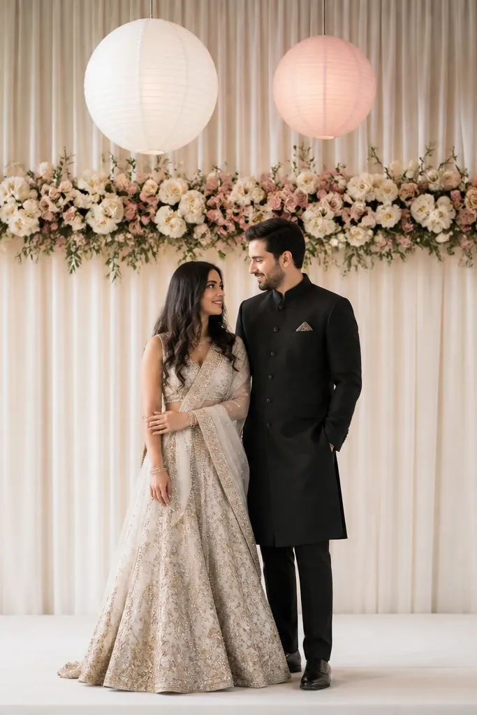 A stage with two large paper lanterns (white and blush) hanging behind the couple; a single band of faux flowers runs horizontally at head height across the backdrop.