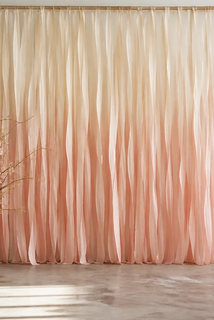 A back wall made of hanging fabric strips in a gradient from ivory at the top to blush at the bottom; the strips hang from a rod above and sway slightly.