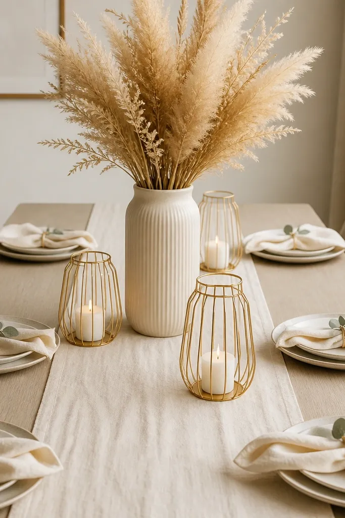 A cream runner on a neutral table. A bundle of dried pampas grass sits in a tall neutral vase in the center. Around it are gold wire candle holders with white candles. Place settings show folded cream napkins with a thin gold wire twist around the napkin and a small eucalyptus leaf.